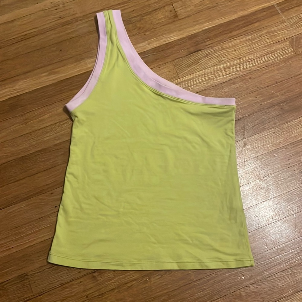 green and pink one-shoulder tank top